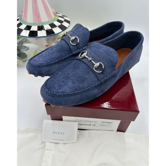 Men\'s Gucci blue suede GG embossed driver loafers size 12 fits 12.5 US main image 5